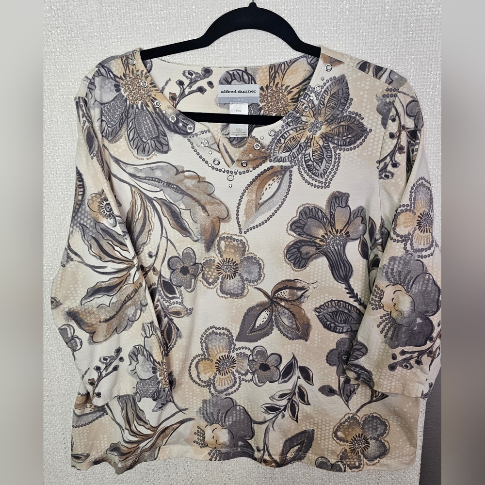 Alfred Dunner Petite XL Floral Top Neutral 3/4 Sleeve Embellished Stretch Blouse